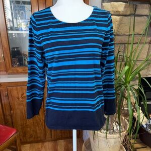 TALBOTS SIZE LARGE PETITE BLUE STRIPED LONG SLEEVE TOP WITH BUTTONS ON SHOULDERS